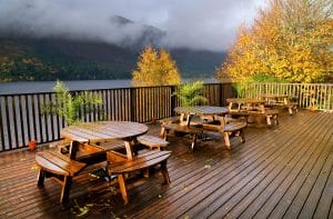Patio Railings Overlooking Lakeside In Fall